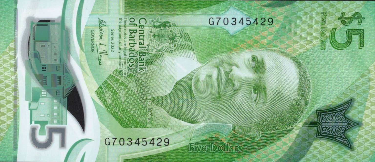 5 долларов 2022. Barbados Polymer Dollars 2022. Банкнота Барбадос 2021. Barbados Dollars 2022. 5 Долларов Барбадос пластик.