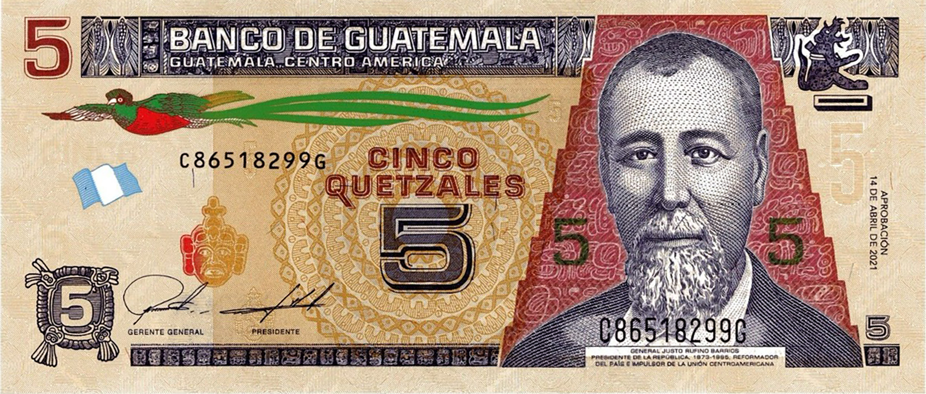 GUATEMALA Five quetzales note with new imprint. MRI Guide MRI