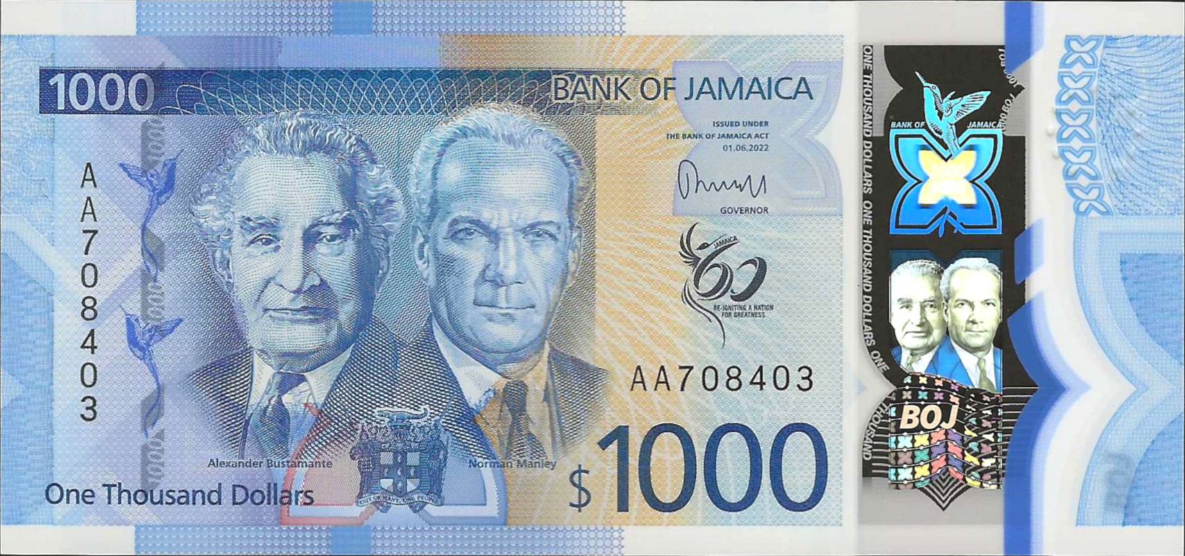 Jamaica BOJ 1000 Dollars 2022.06.01 B254a PNL AA 708403 F 