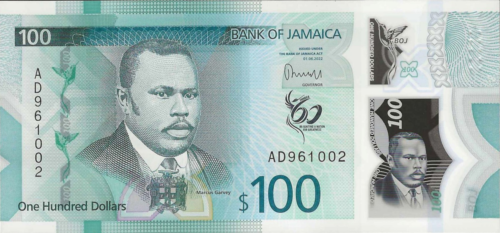 thumbnail image 2 of Jamaica 100 Dollars 2022 Polymer Banknote – Uncirculated – World Paper Money 2 of 5