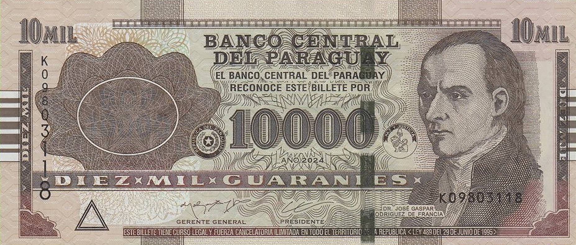 Paraguay new sig/date (2024) 10,000-guaraní note (B858e) confirmed Paraguay BCP 10000 guaranies 2024.00.00 B858e P224 K 09803118 f